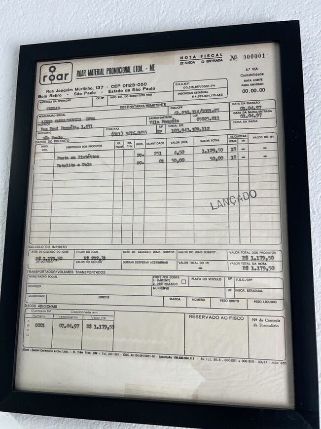 Primeira nota fiscal da fábrica de mochilas Roar