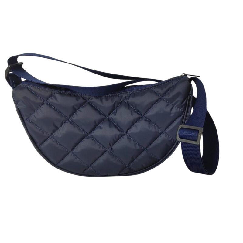 Vista traseira da Bolsa Canoa azul marinho com alça regulável de 30 mm.