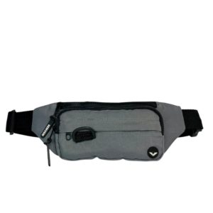 Pochete cinza com bolso frontal, zíper trator e alça regulável.