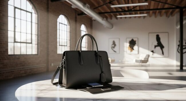 Bolsa feminina sofisticada em ambiente elegante que representa o lifestyle dos Jardins