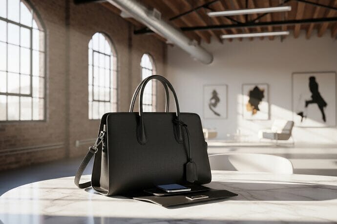 Bolsa feminina sofisticada em ambiente elegante que representa o lifestyle dos Jardins